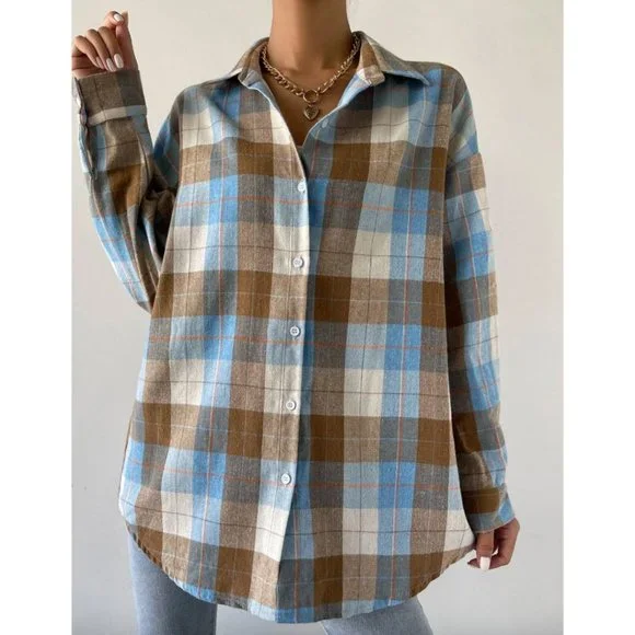 Boyfriend Drop Shoulder Plaid Blouse - Picture 3 of 6